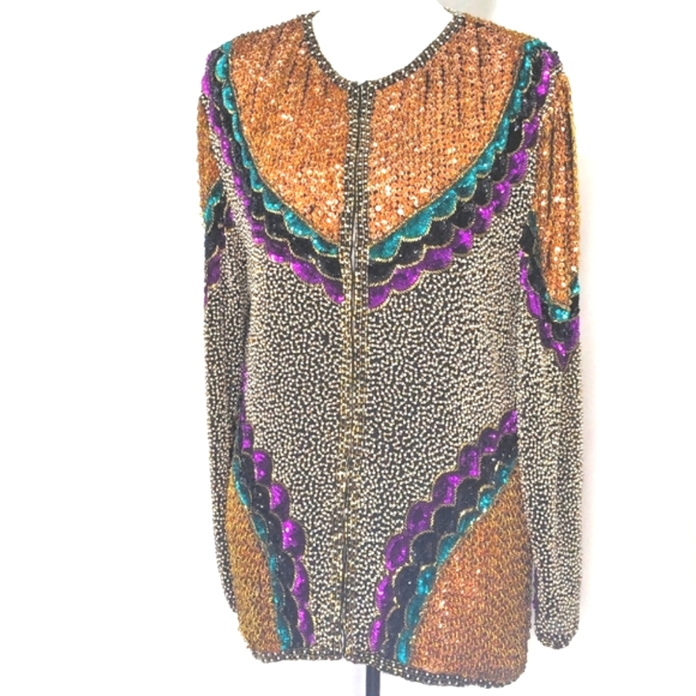 VINTAGE FEMININE SWEE LO SEQUIN, BEADED, MULTICOLOR JACKET. Sz LARGE.  RARE FIND